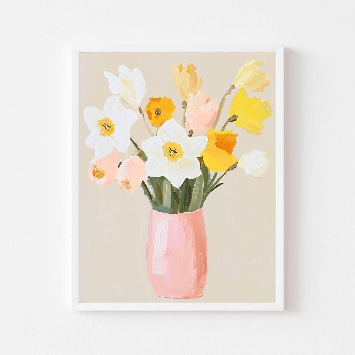 Cheerful Daffodils and Tulips in Pink Vase Spring Floral Poster
