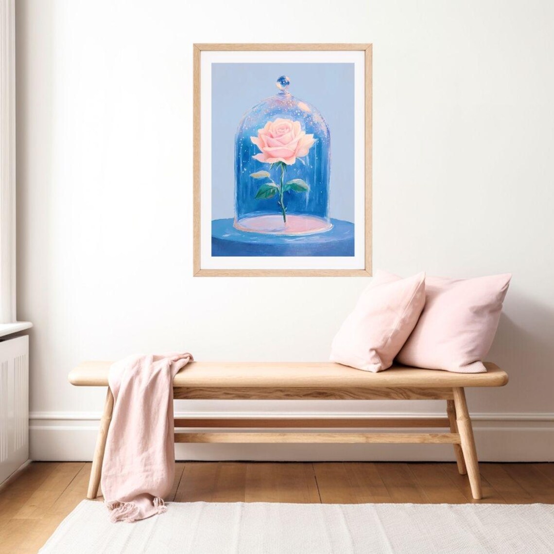 Pink Rose Under Glass Cloche Pastel Botanical Painting Poster - Image 2