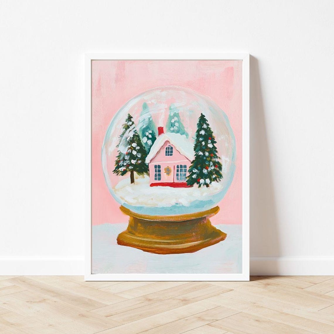 Pink Snow Globe With Christmas House And Trees Pastel Painting Poster - Image 3