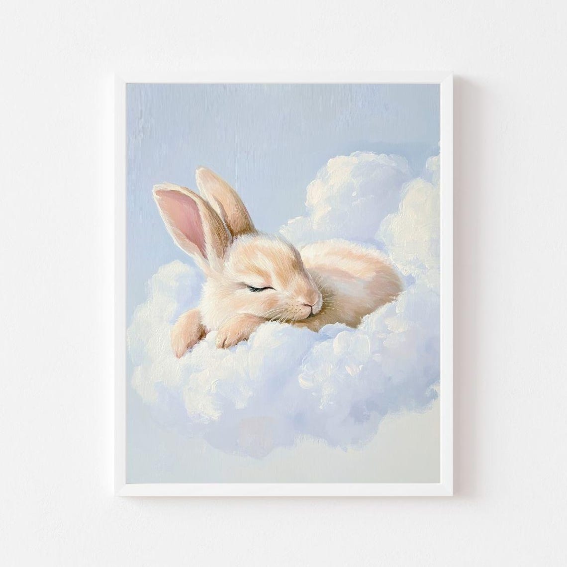 Sleeping Baby Bunny Resting on a Cloud Nursery Painting Poster