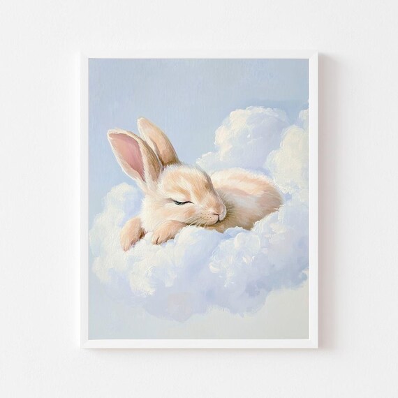 Sleeping Baby Bunny Resting on a Cloud Nursery Painting Poster
