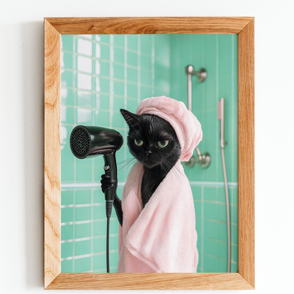 Funny Black Cat Hair Dryer Spa Day Retro Bathroom Humor Art Print
