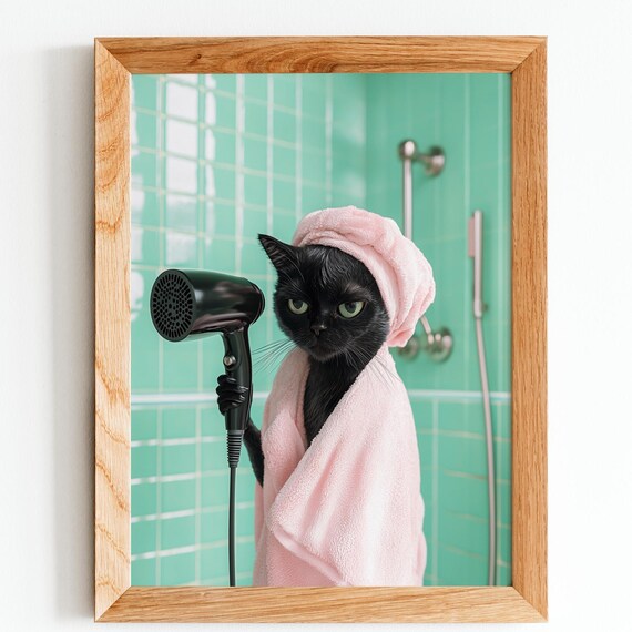 Funny Black Cat Wall Art Drying Hair Retro Mint Bathroom Poster Vintage Print Humorous Decor
