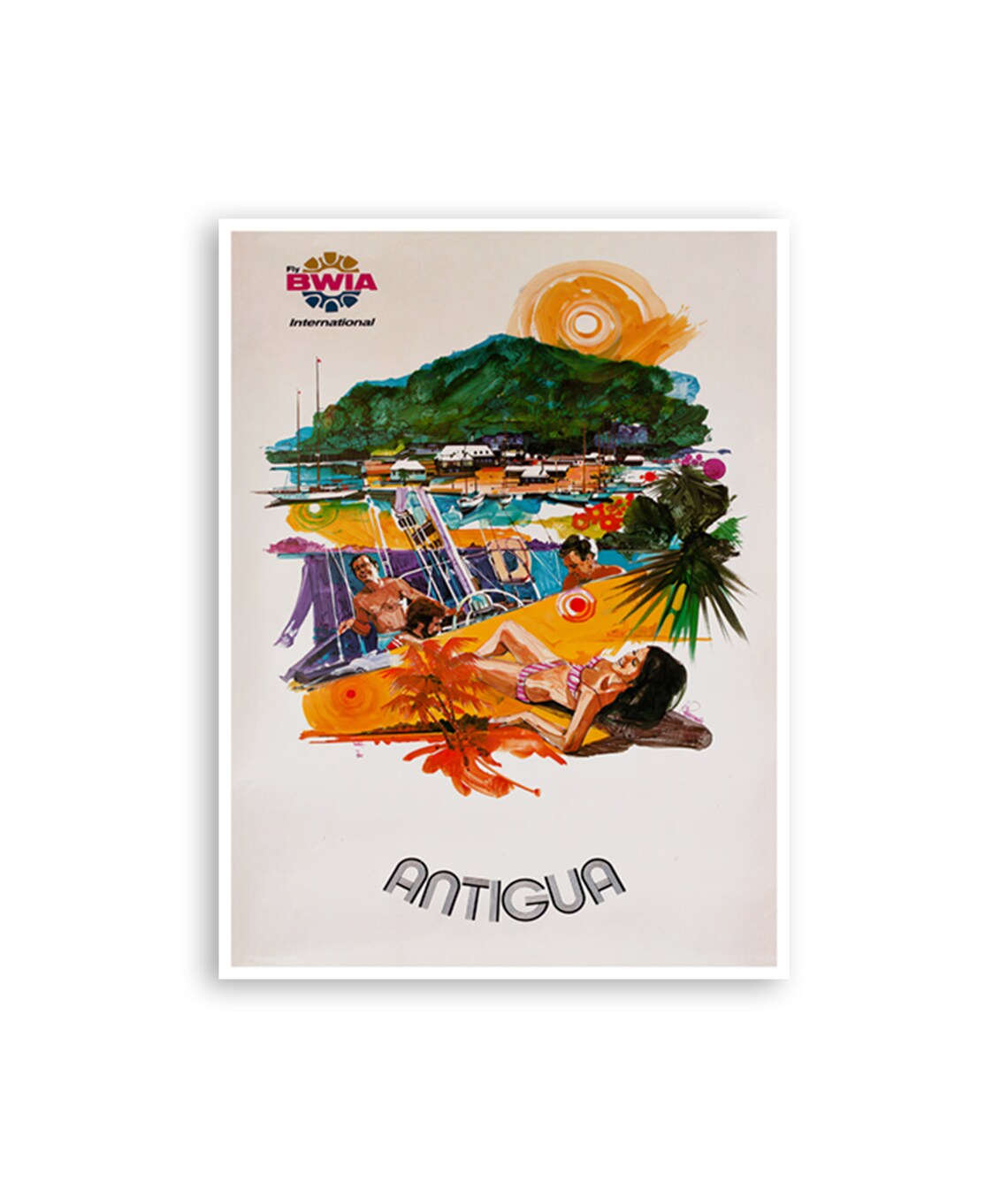 Antigua Caribbean Beach Sunbathing BWIA Airline Vintage Travel Poster