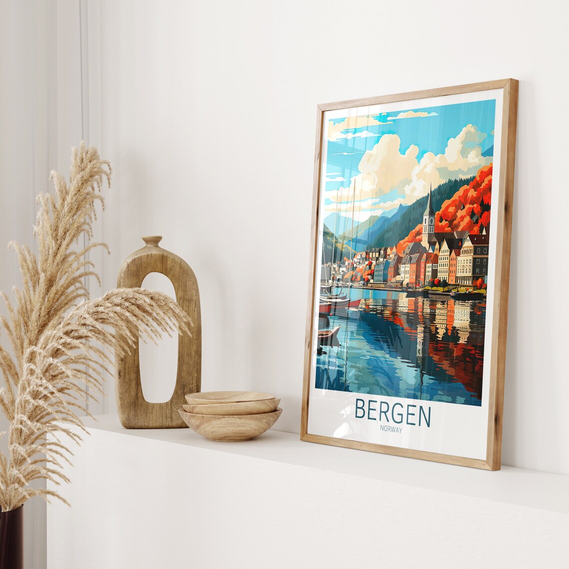 Bergen Norway Travel Poster Harbor Boats Autumn Hillside Waterfront - Image 2