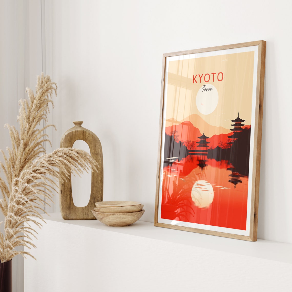 Kyoto Japan Poster Temples at Sunset Red Reflection on Water Art - Image 2
