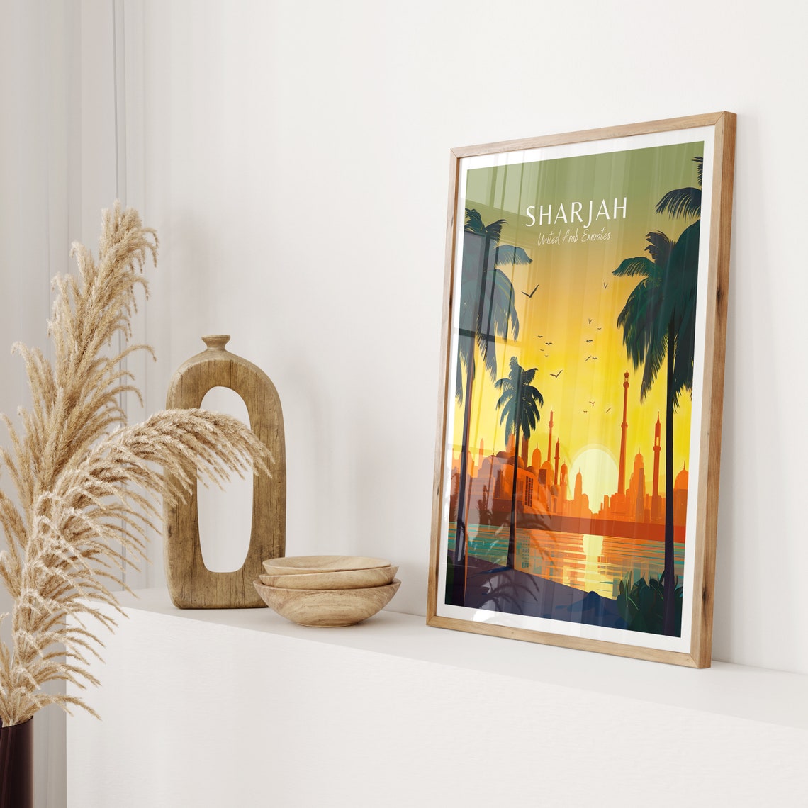 Sharjah UAE Lagoon Sunset Palms Mosque Silhouette Travel Poster - Image 2