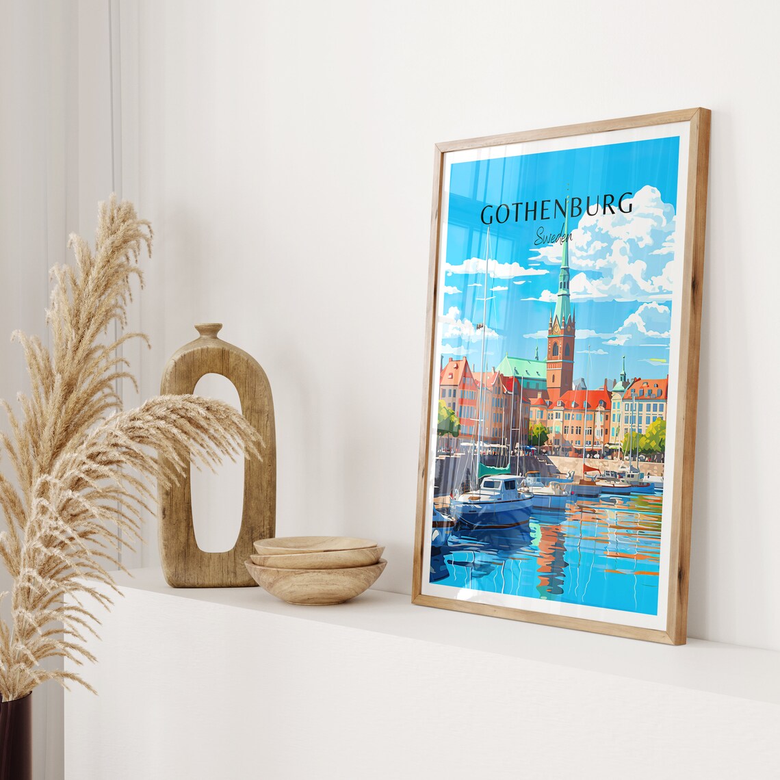 Gothenburg Sweden Travel Poster Harbor Boats Church Tower Waterfront - Image 2