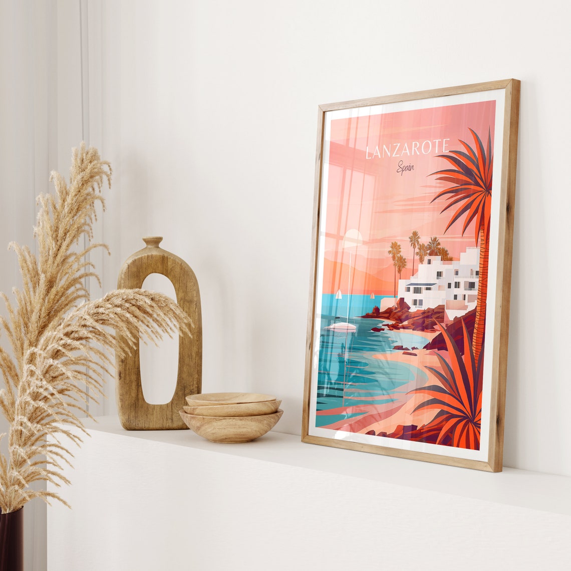 Lanzarote Spain Sailboat Pink Sunset Palm Shore Travel Poster - Image 2