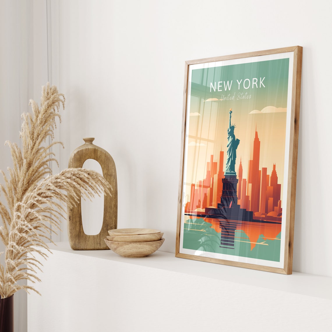 New York Poster Statue of Liberty Skyline Sunset Harbor View Art - Image 2