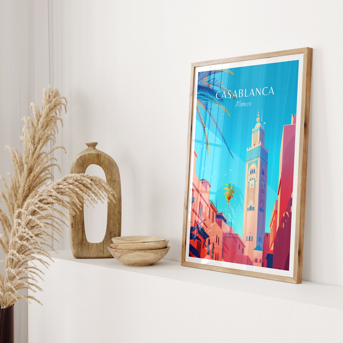 Casablanca Morocco Mosque Minaret Pink Street Travel Art Poster - Image 2