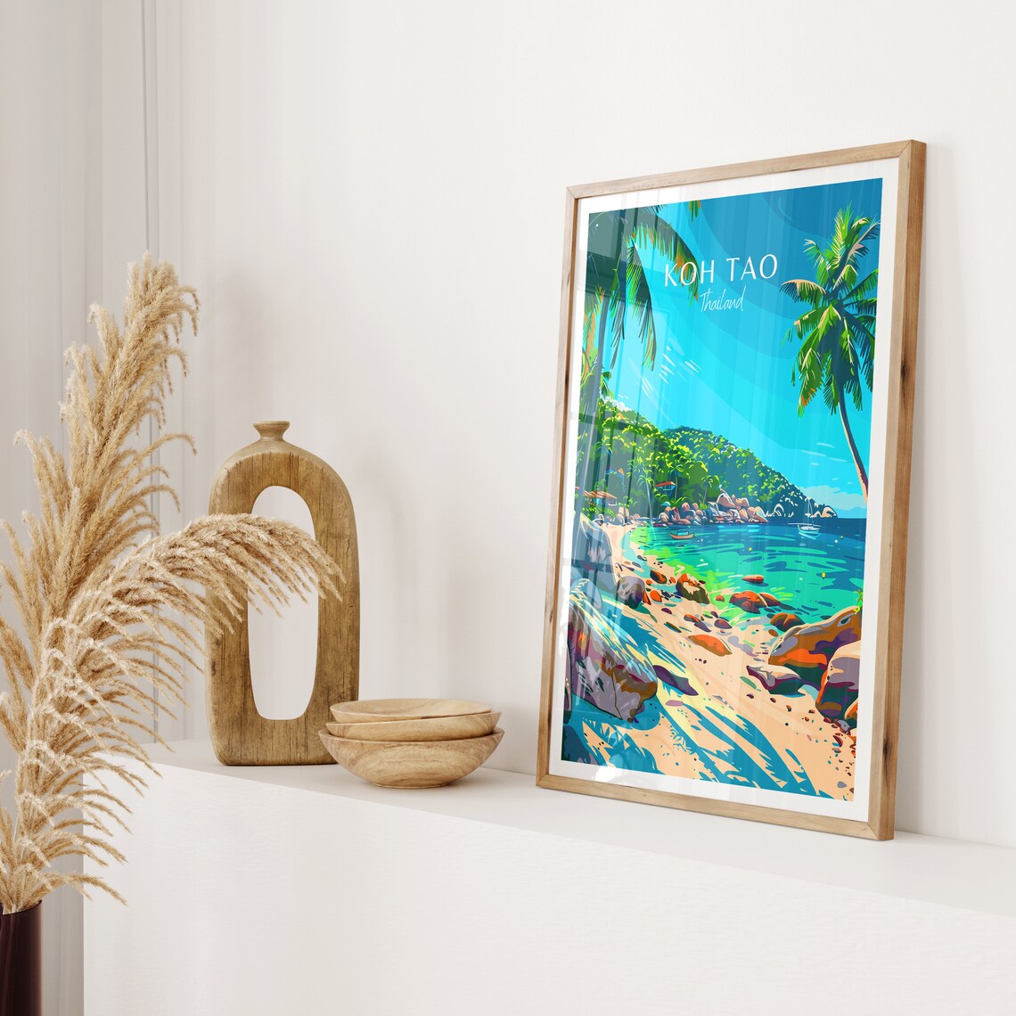 Koh Tao Thailand Tropical Island Palm Beach and Rocky Cove Poster - Image 2