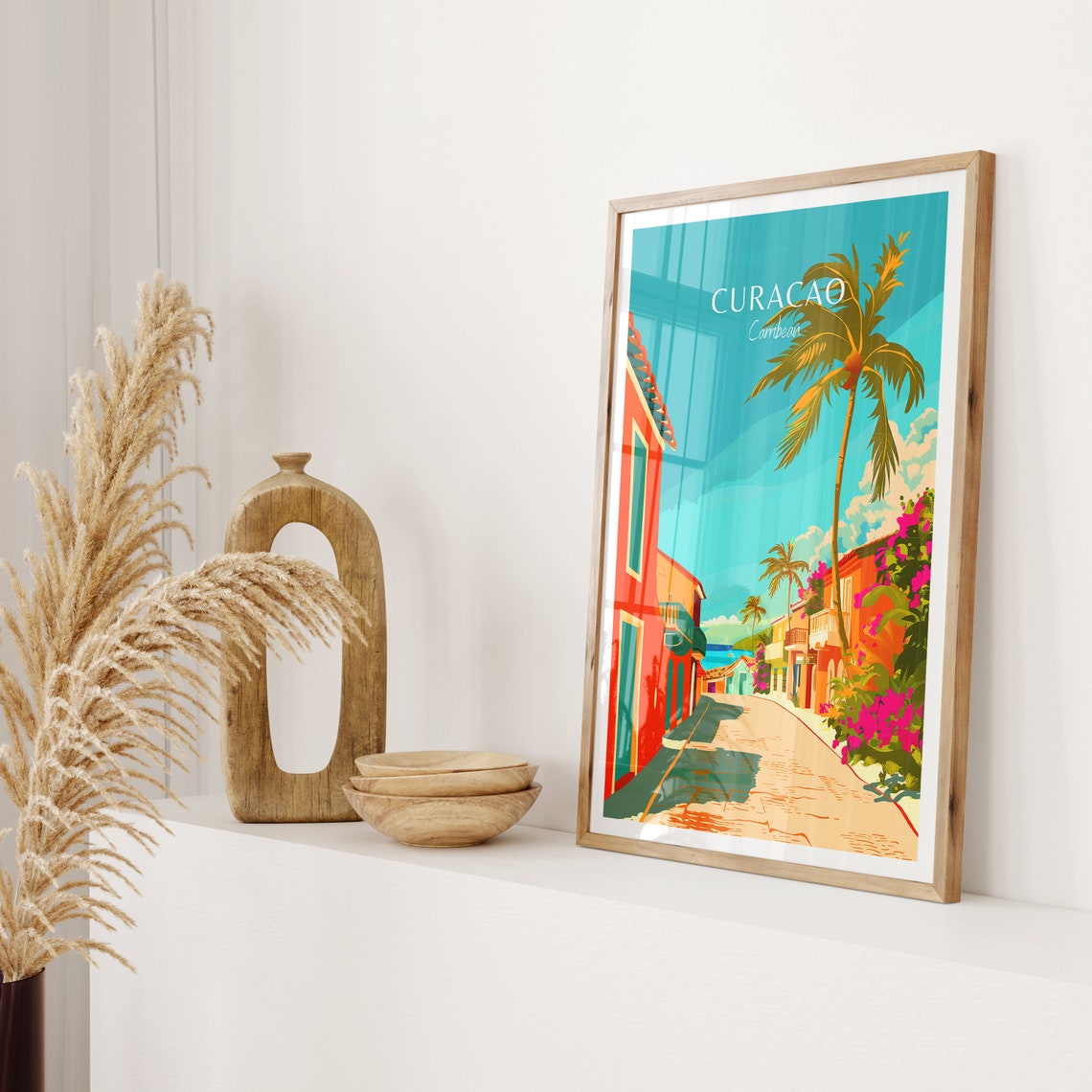 Curacao Caribbean Colorful Colonial Street Palms Cobblestone Poster - Image 2