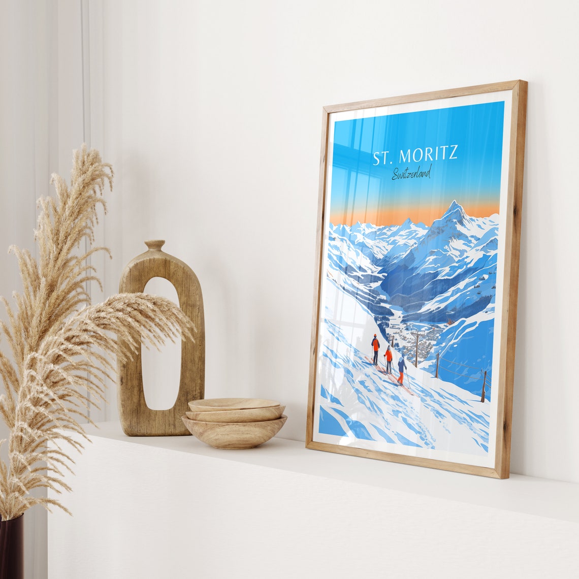 St. Moritz Switzerland Skiers Alpine Slopes Peak View Art Poster - Image 2