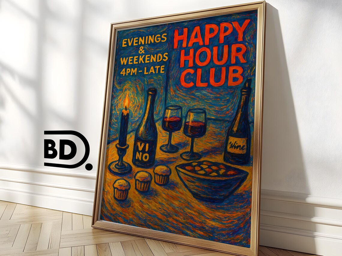 Happy Hour Club Van Gogh Style Evening Wine And Snacks Poster - Image 3