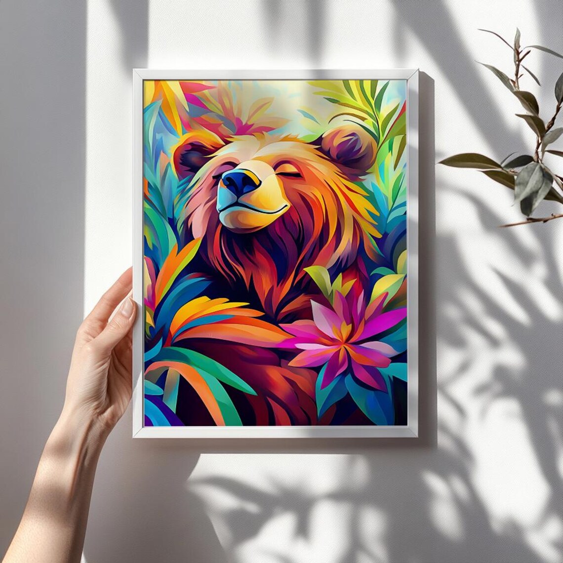 Smiling Brown Bear in a Tropical Flower Jungle Portrait Poster - Image 3