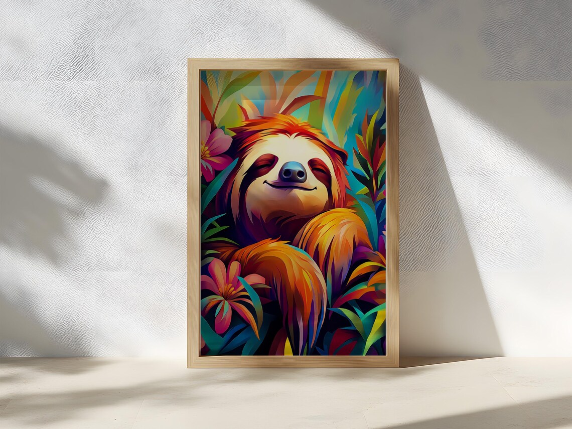 Sleepy Smiling Sloth Among Bright Tropical Flowers Colorful Poster - Image 2