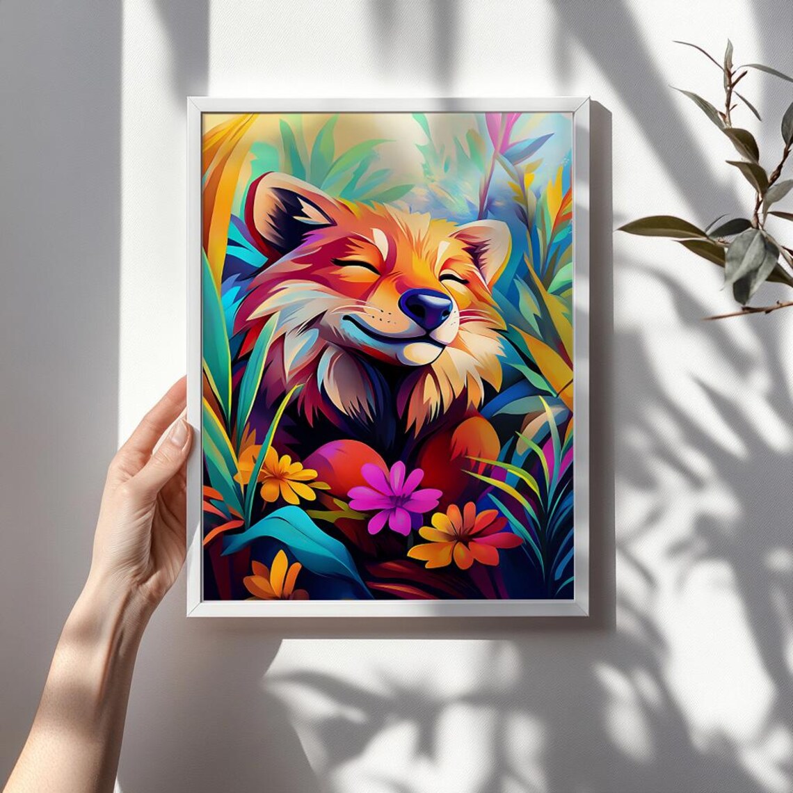 Smiling Fox Cub in Blue Tropical Foliage Flower Animal Poster - Image 3