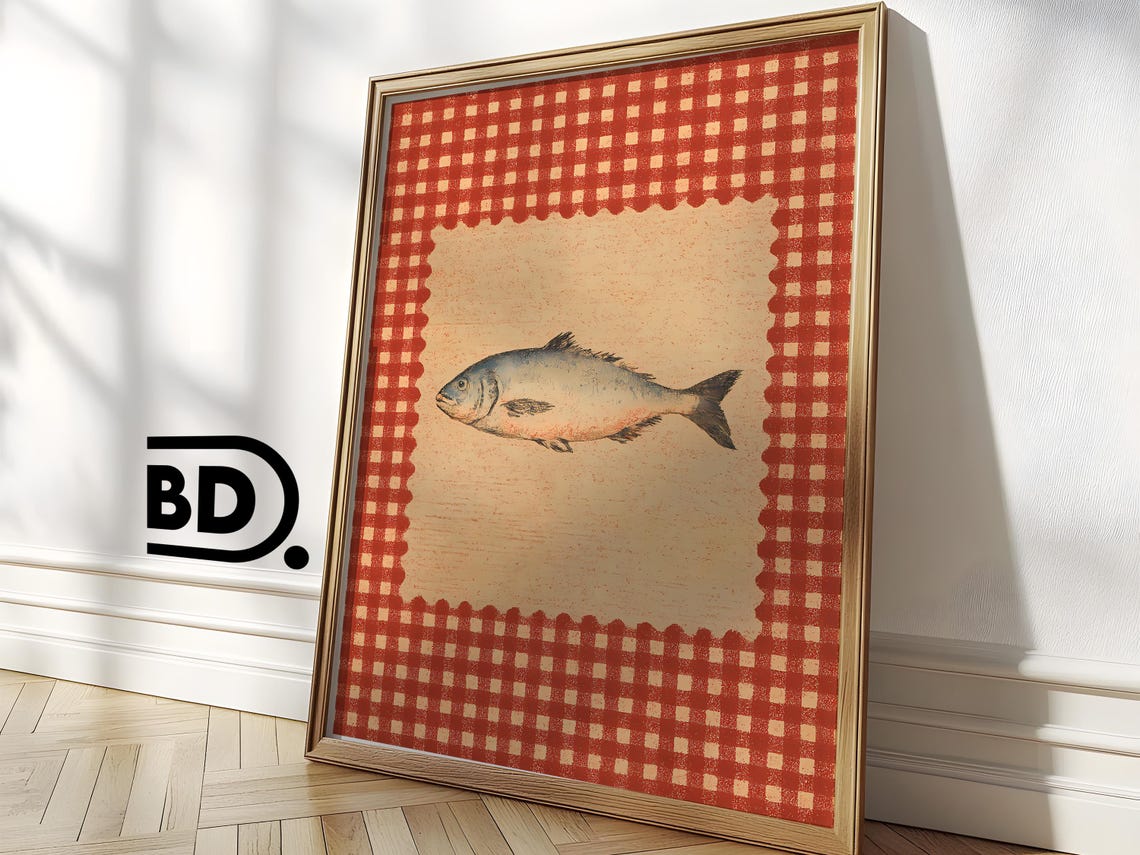 Sardine Fish Print Coastal Gingham Kitchen Wall Art Nautical Poster In Fishermancore Style Trendy Horizontal - Image 3