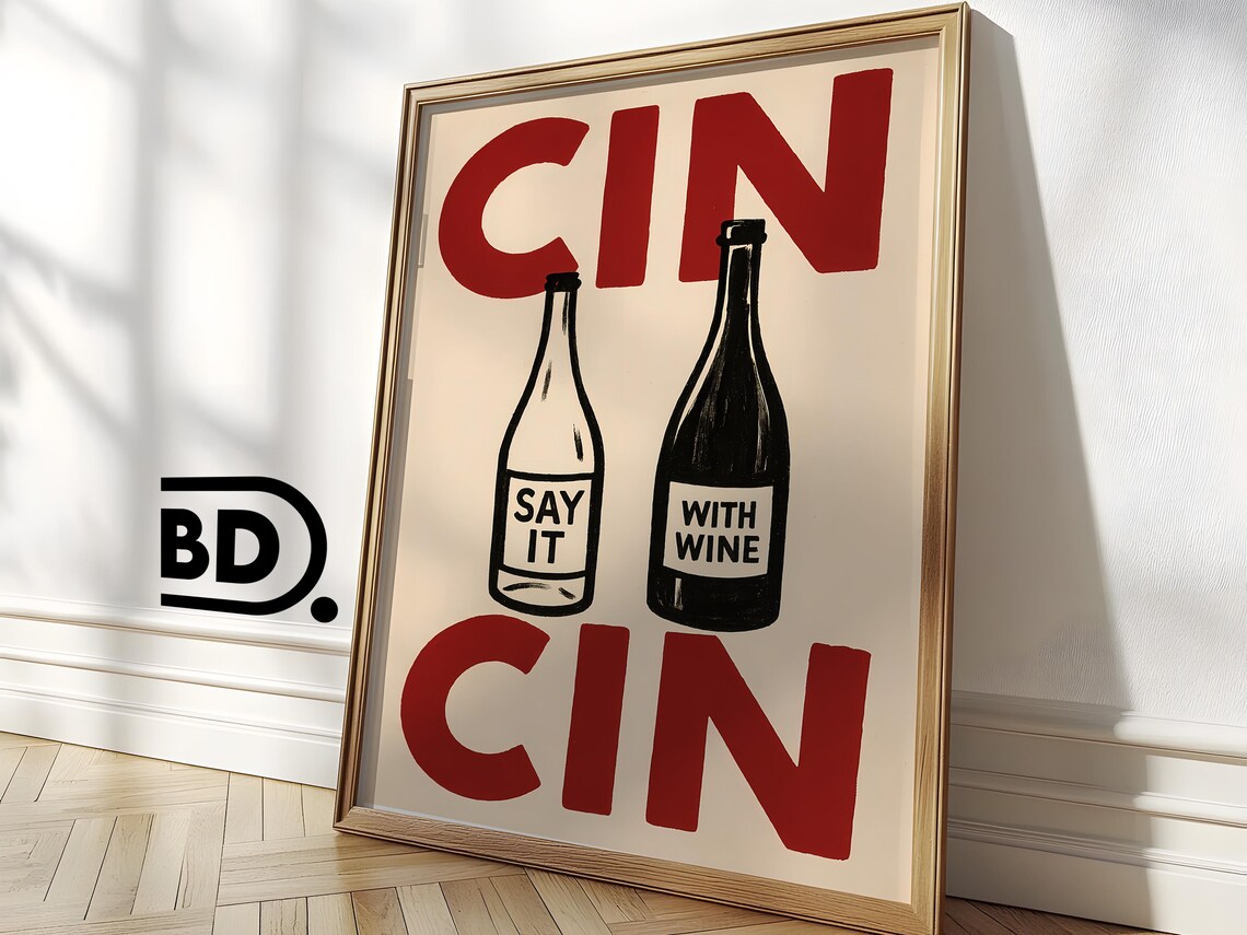 Cin Cin Wine Bottles With Bold Red Toast Lettering On Cream Poster - Image 3