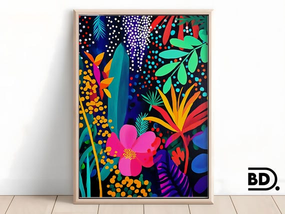 Bold Tropical Abstract Painting Colorful Acrylic Wall Art Vibrant Plants Flowers Polka Dot Jungle Decor
