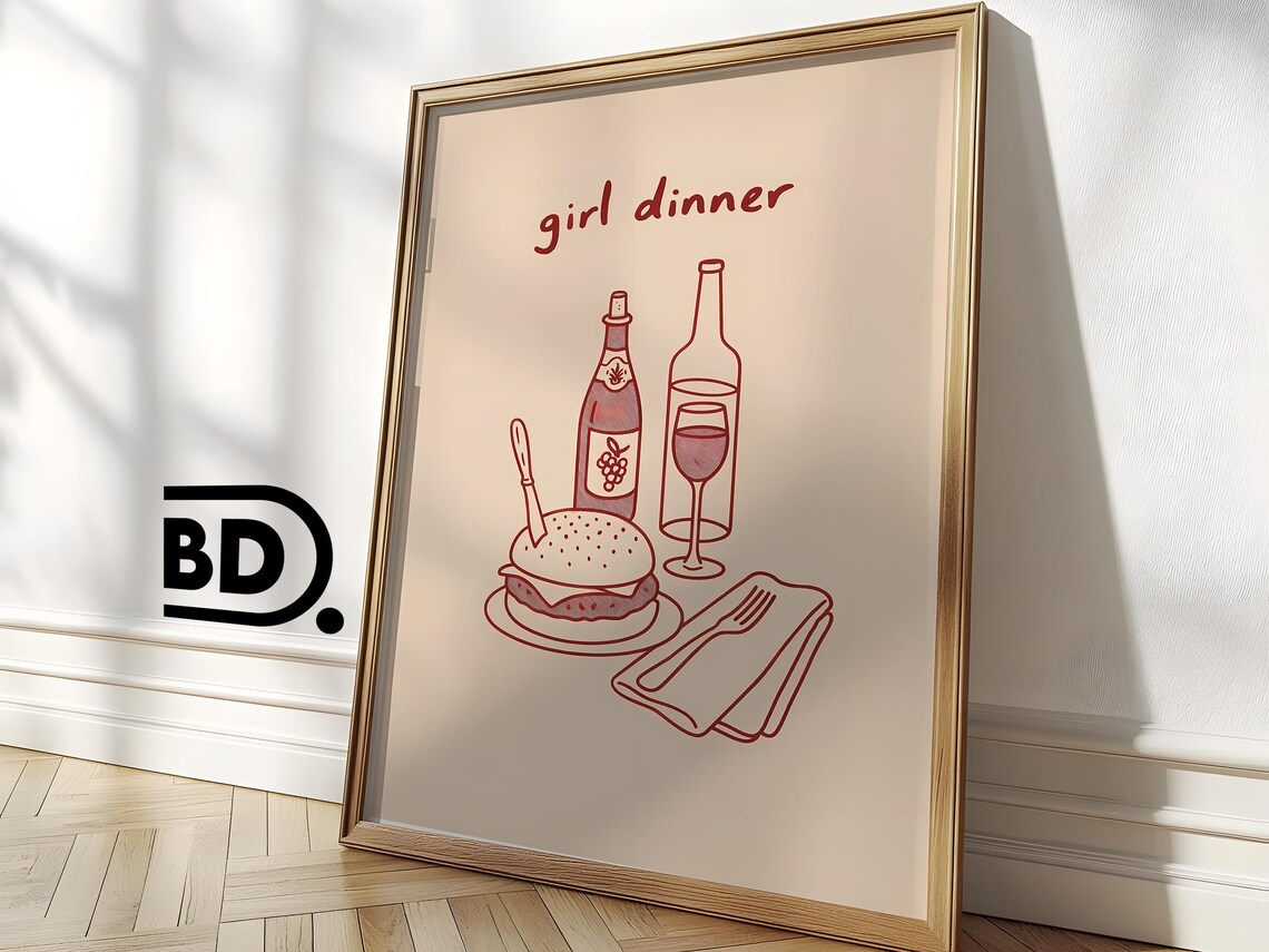 Girl Dinner Hand Drawn Burger And Wine Red Line Art Kitchen Poster - Image 3