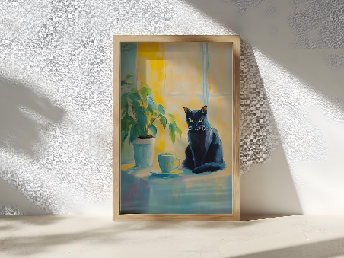 Black Cat by the Window with a Tea Cup in a Sunny Kitchen Poster - Image 2