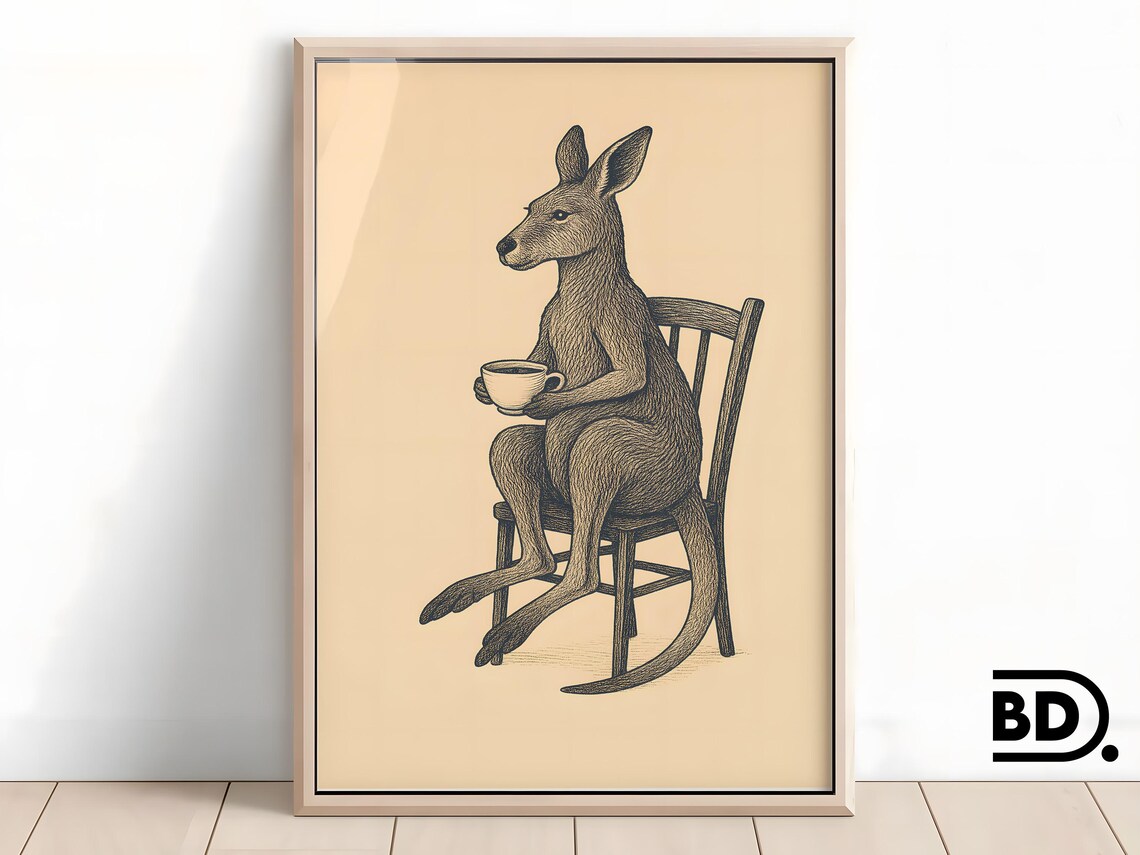 Quirky Kangaroo Coffee, Vintage Teacup Illustration