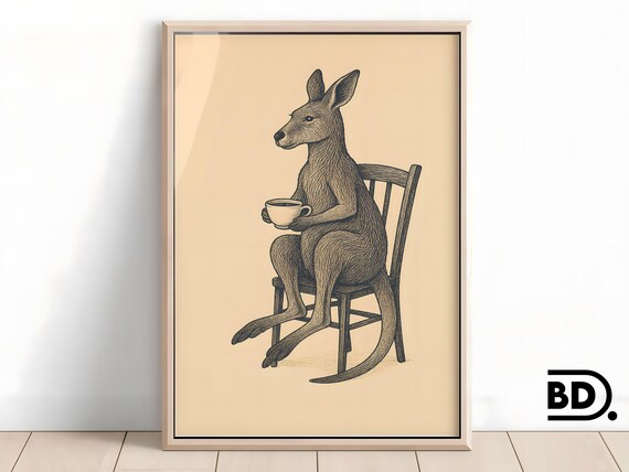 Quirky Kangaroo Coffee, Vintage Teacup Illustration