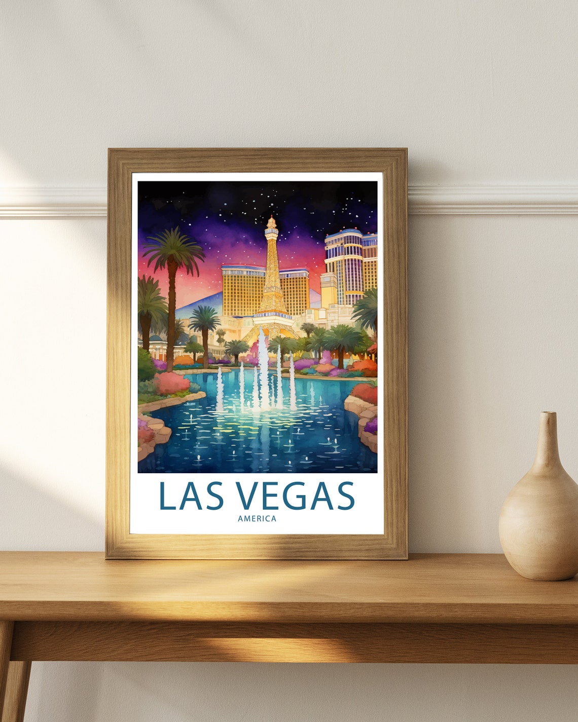 Las Vegas America Eiffel Tower Replica Fountain Lake Night Poster - Image 3