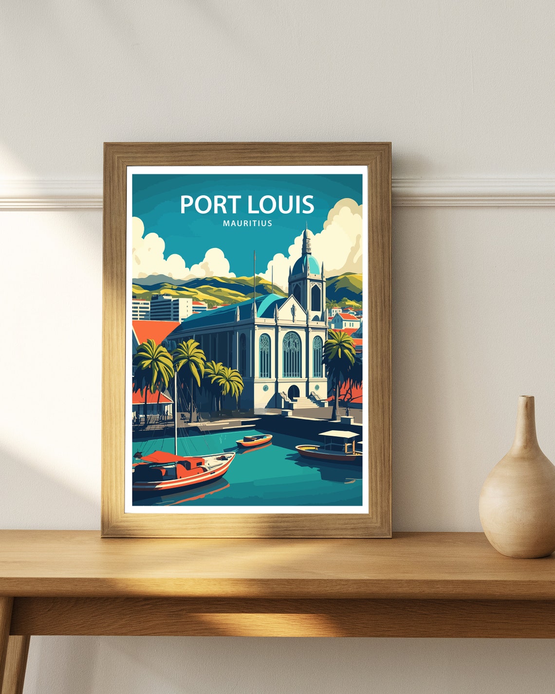 Port Louis Mauritius Waterfront Church Palms And Boats Tropical Poster - Image 4