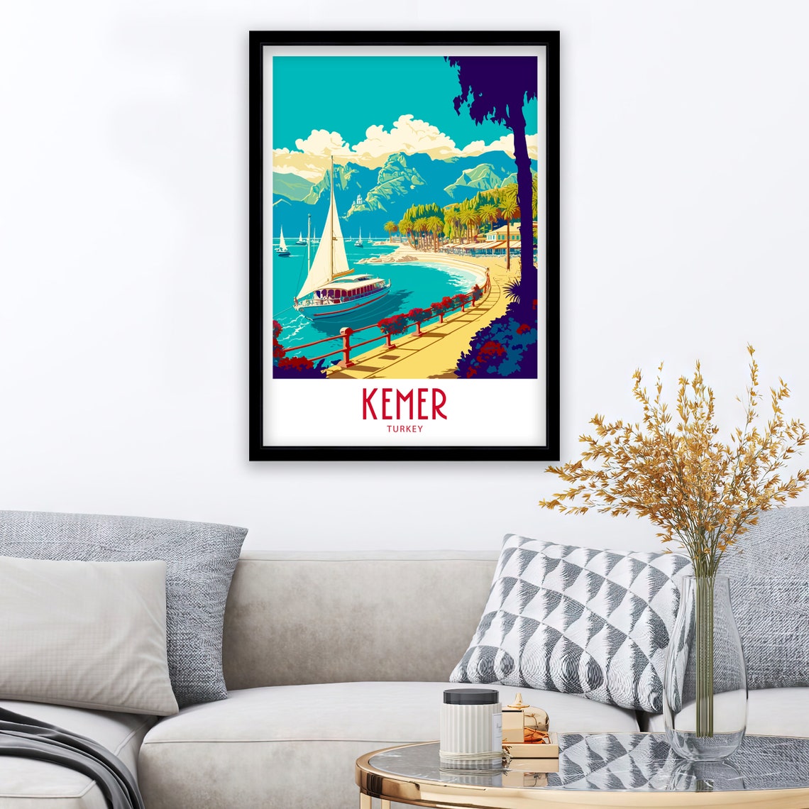 Kemer Turkey Sailing Boat Bay Blue Coast Vintage Travel Poster - Image 3