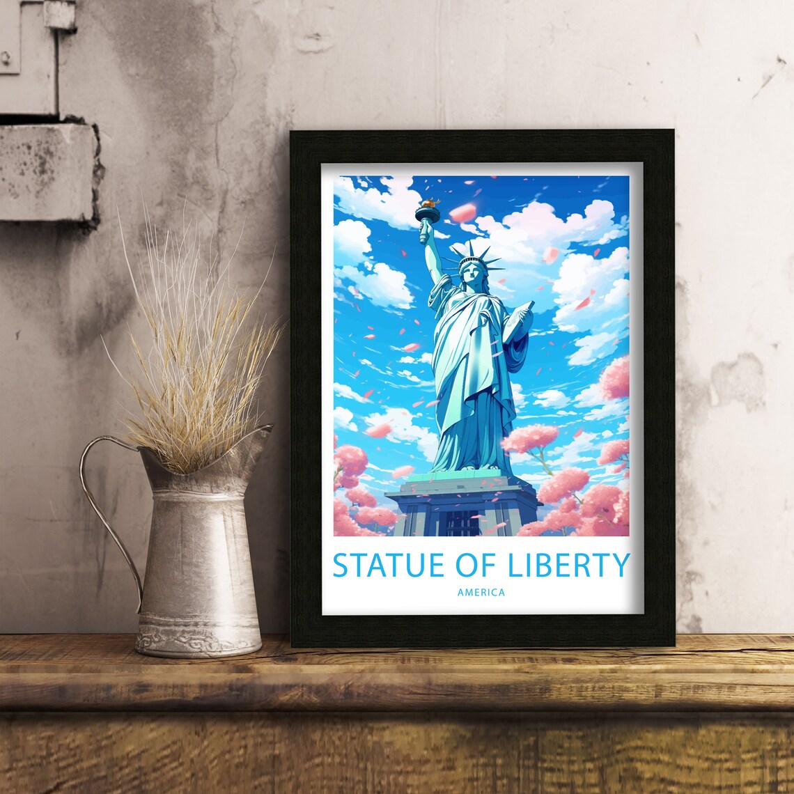 Statue of Liberty America Cherry Blossom Illustrated Travel Poster - Image 6