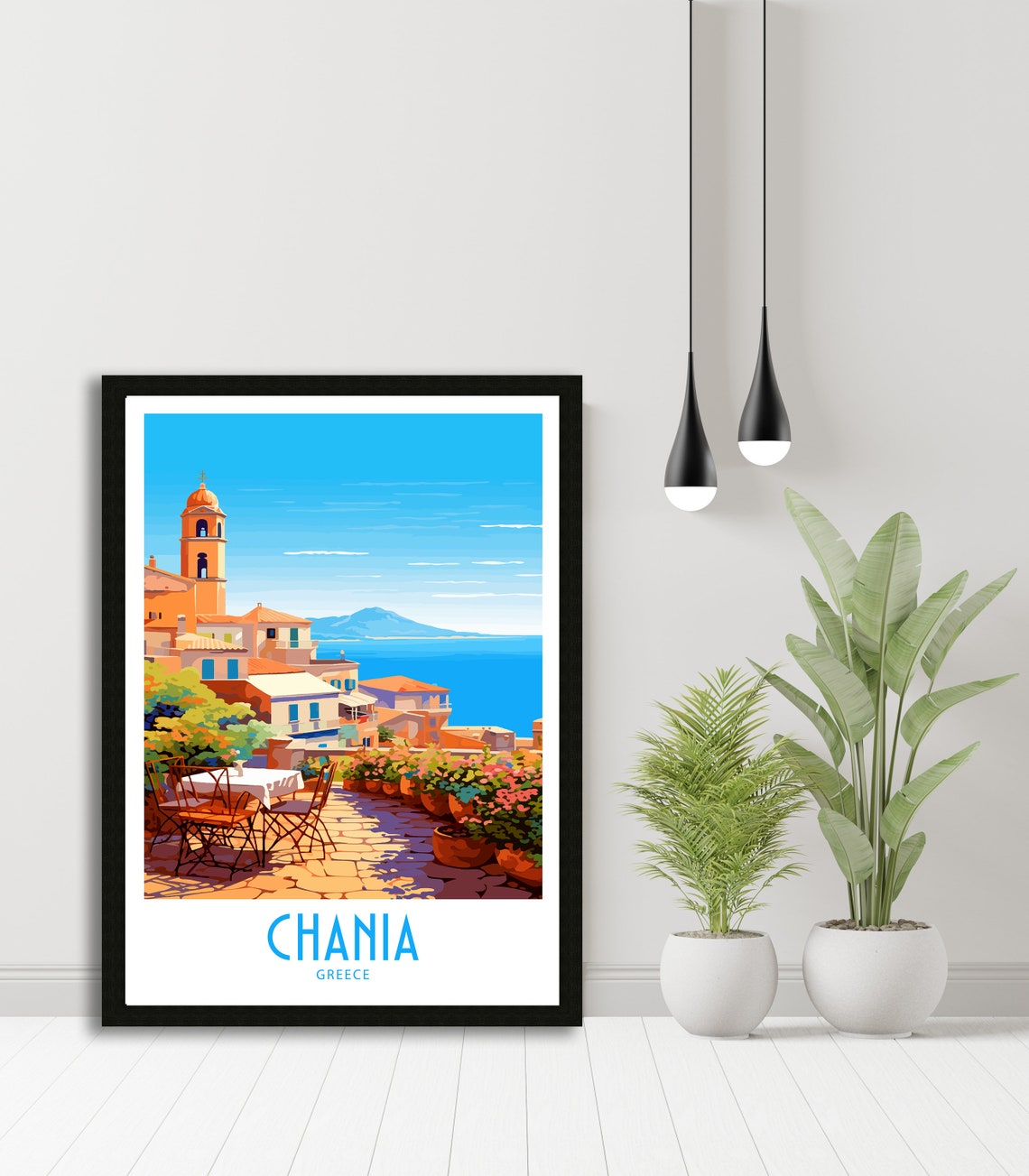 Chania Greece Seafront Terrace Mountain View Church Tower Art Poster - Image 5