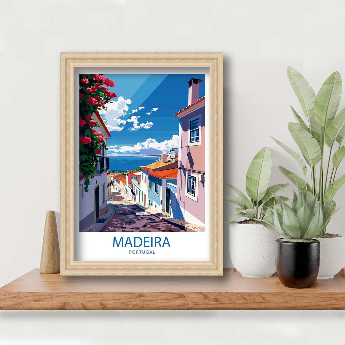 Madeira Portugal Cobblestone Street with Bougainvillea Sea View Poster - Image 3