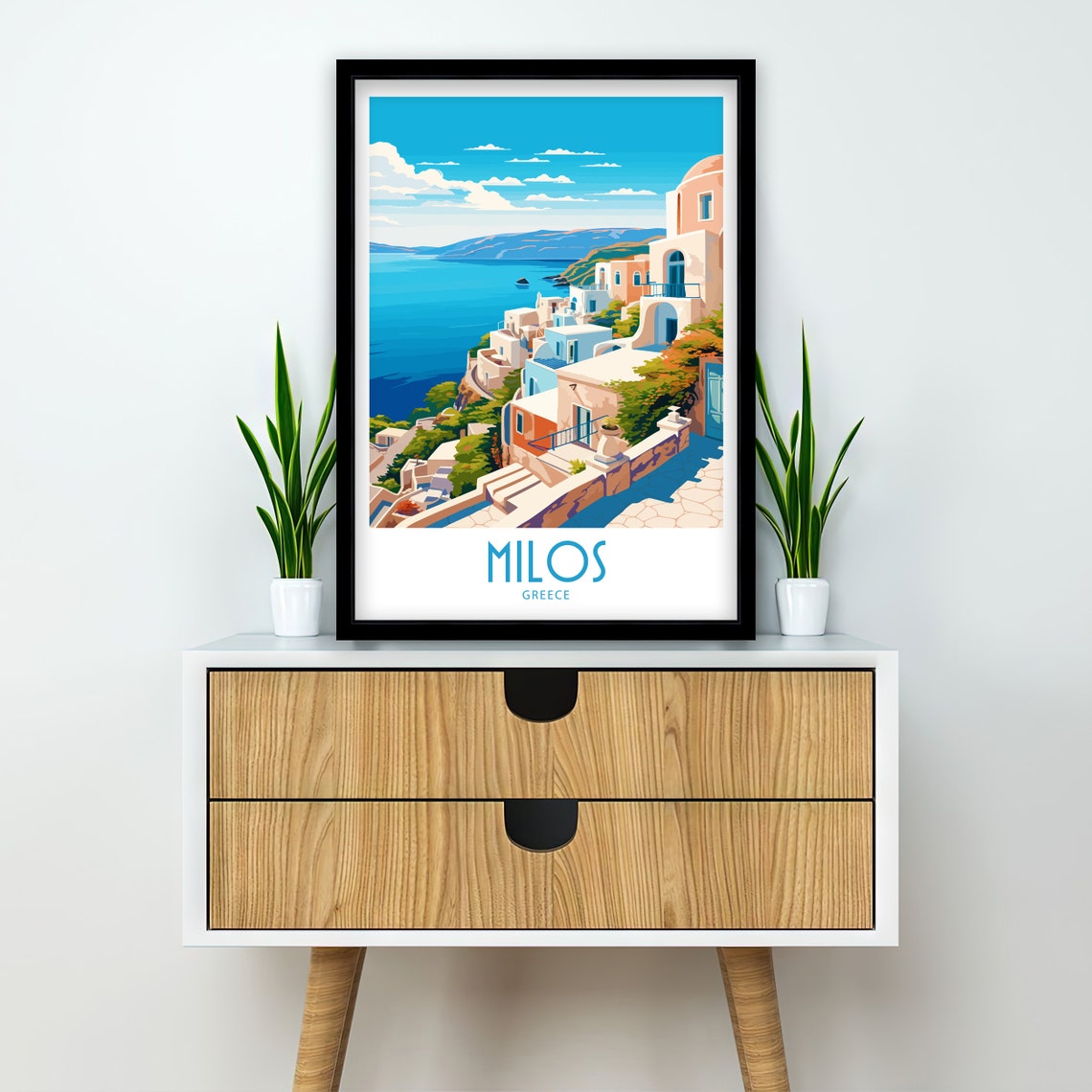 Milos Greece Hilltop Village Caldera Bay Blue Sea Travel Art Poster - Image 2
