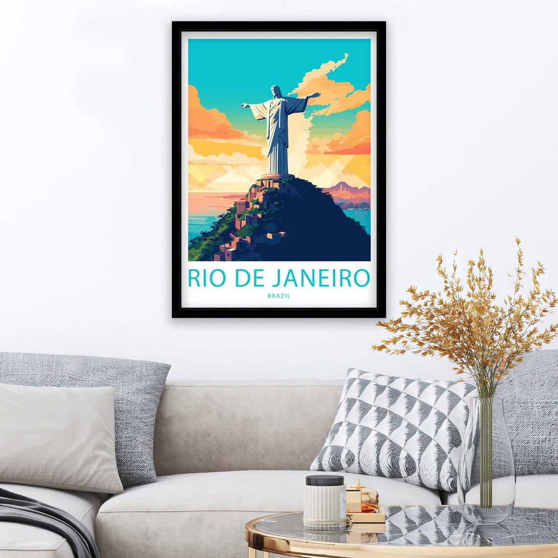Rio de Janeiro Brazil Christ the Redeemer Sunset Illustrated Poster - Image 2