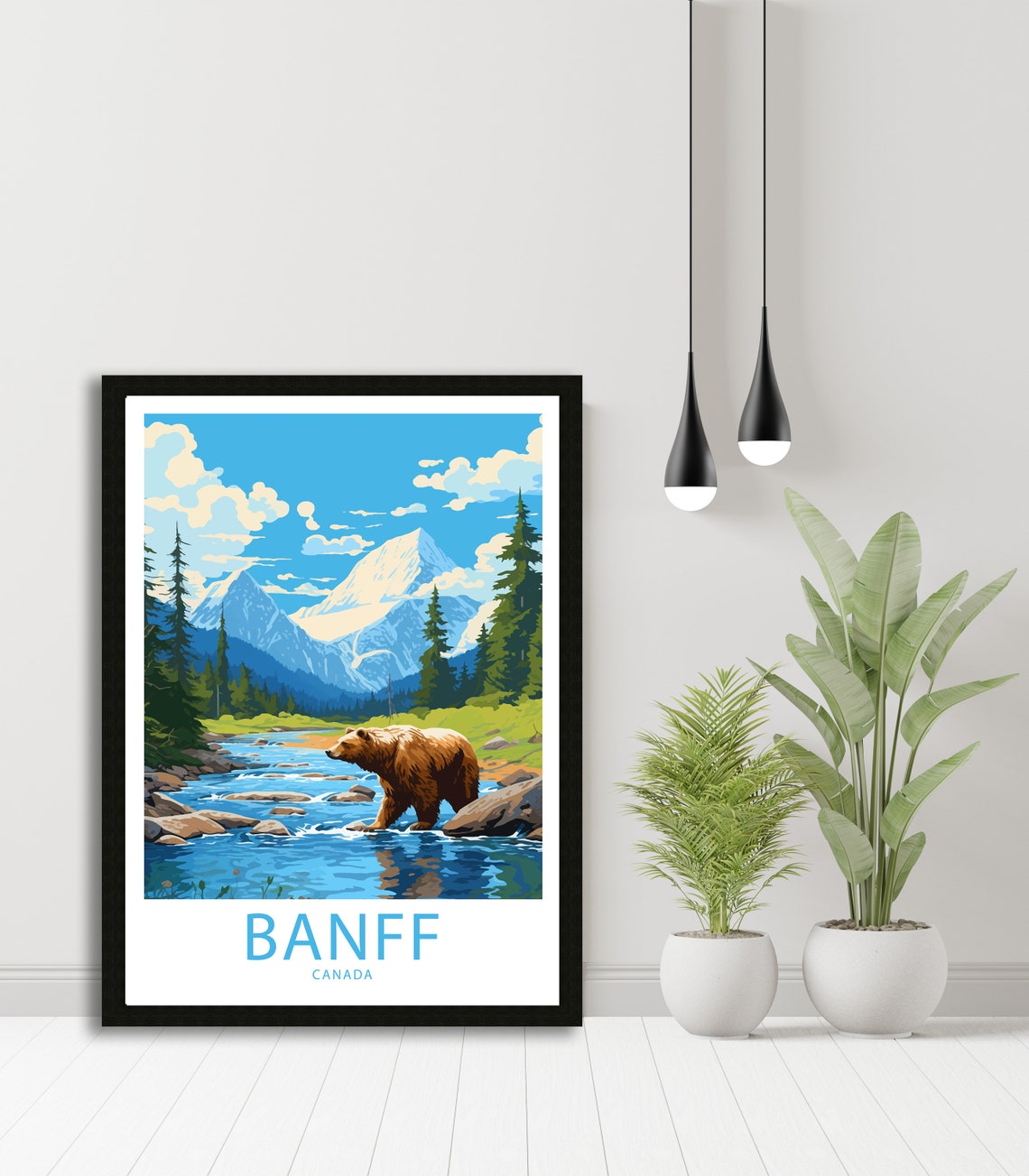 Banff Canada Grizzly Bear Mountain River Illustrated Travel Poster - Image 3
