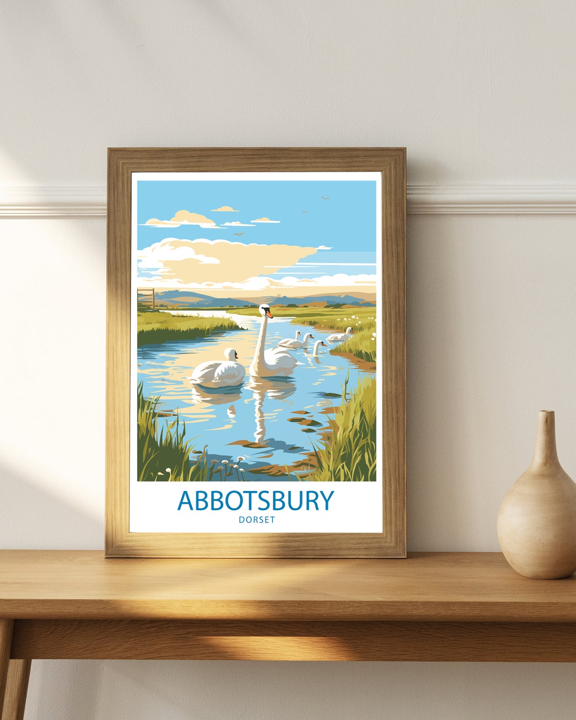 Abbotsbury Dorset Swans River Countryside Illustrated Travel Poster - Image 3