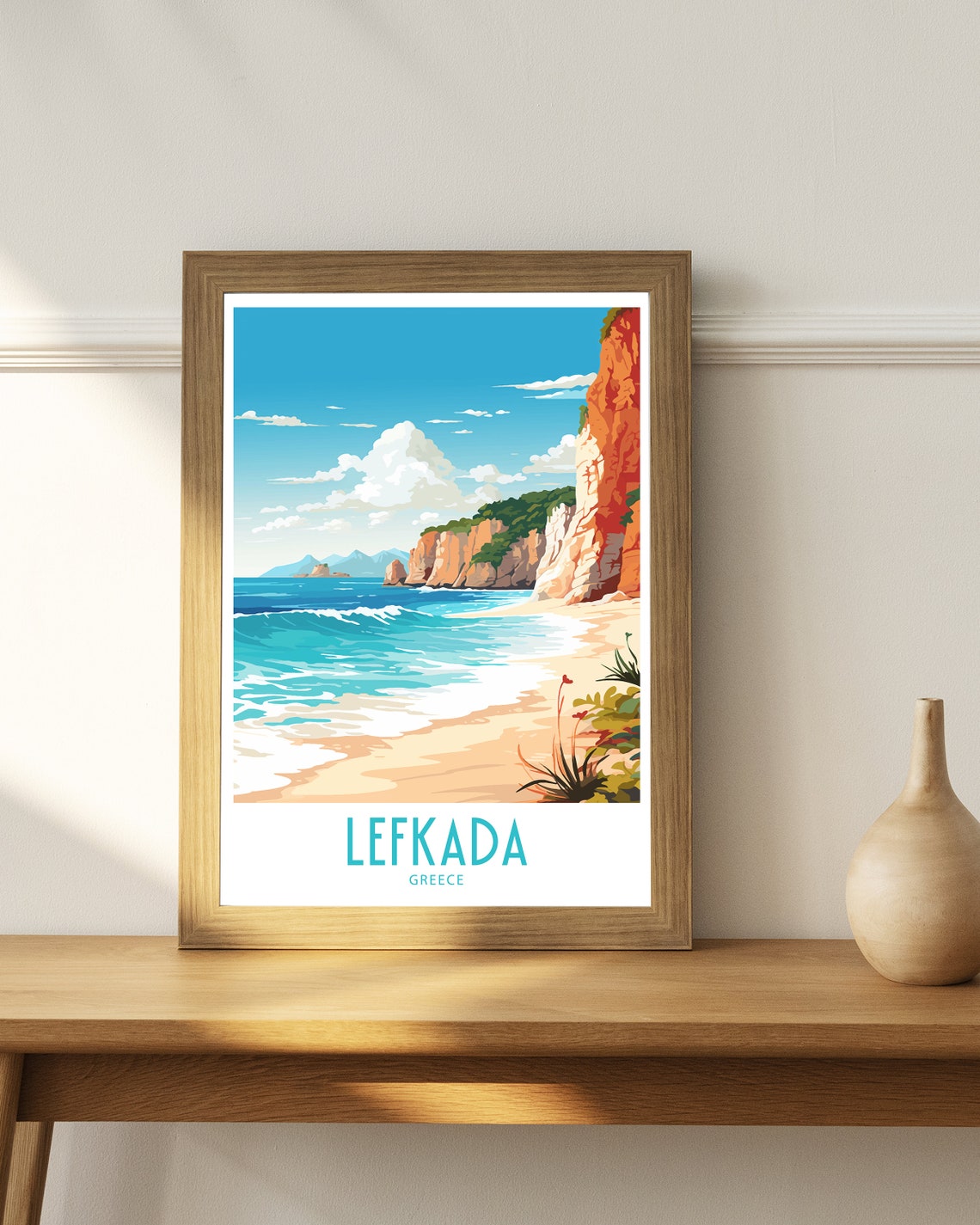 Lefkada Greece Red Cliffs Golden Sandy Beach Retro Travel Poster - Image 4
