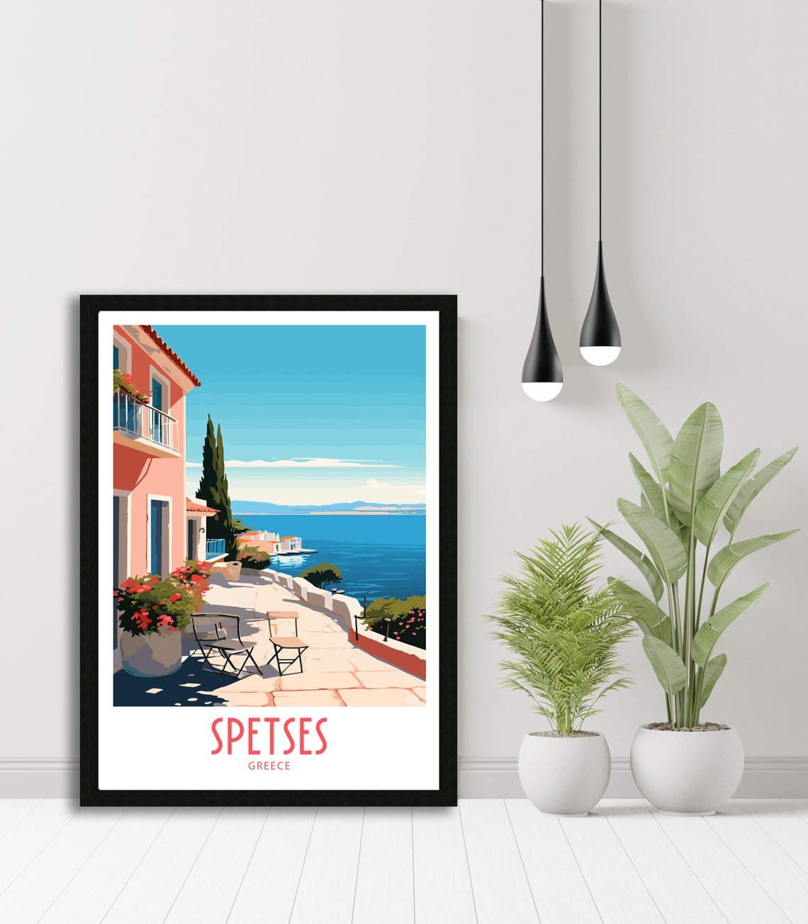 Spetses Greece Sunny Pink Terrace Sea View Retro Travel Poster - Image 5