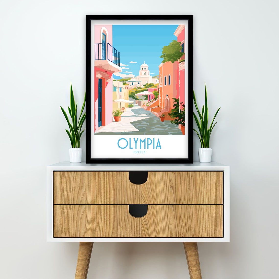 Olympia Greece Pink Street White Church Dome Sunny Village Art Poster - Image 2