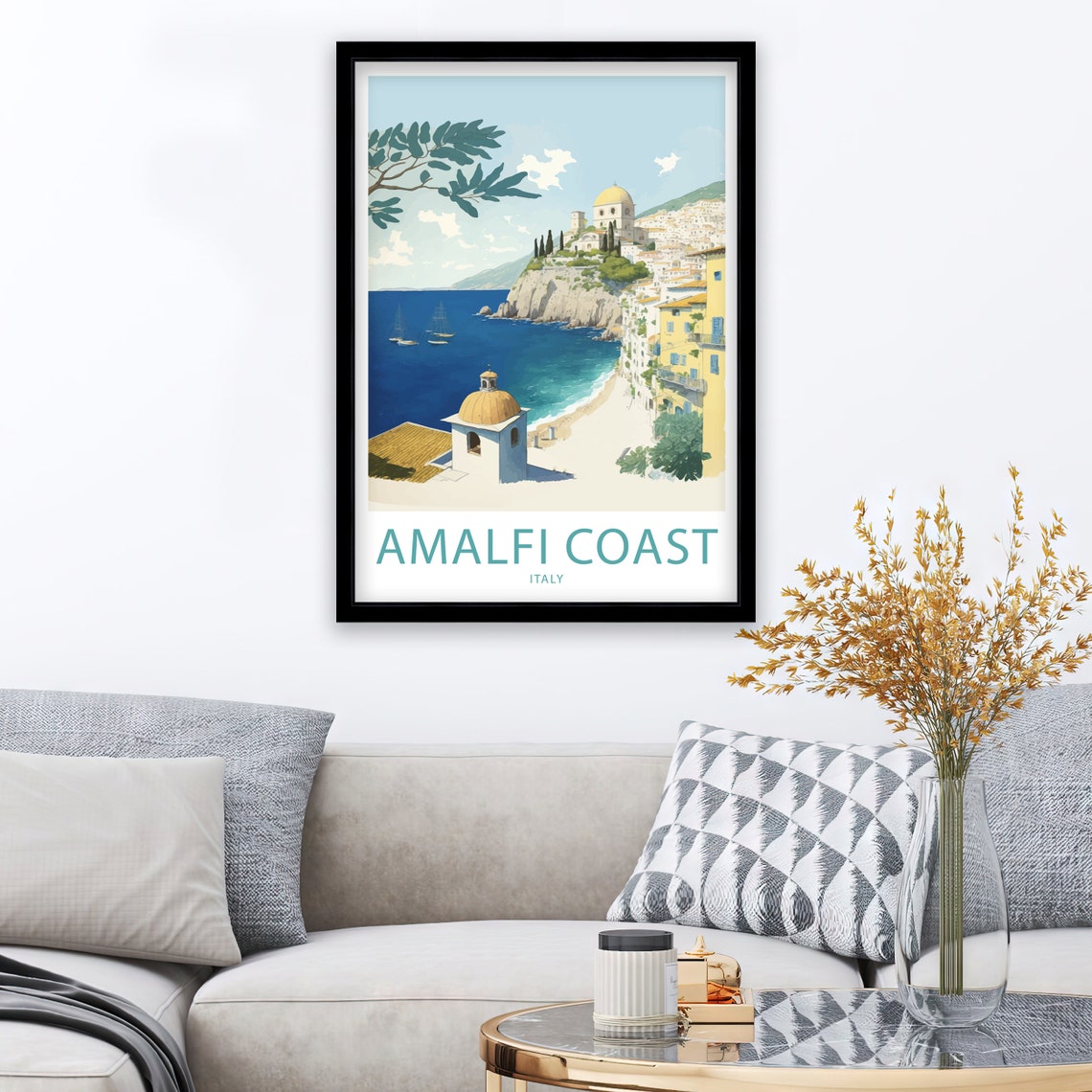 Amalfi Coast Italy Cliffside Village Church Dome Beach View Poster - Image 3