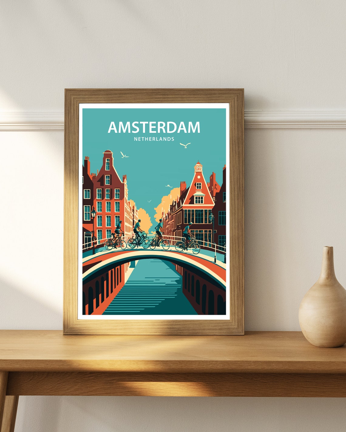 Amsterdam Netherlands Canal Bridge Cyclists Retro Travel Poster - Image 3