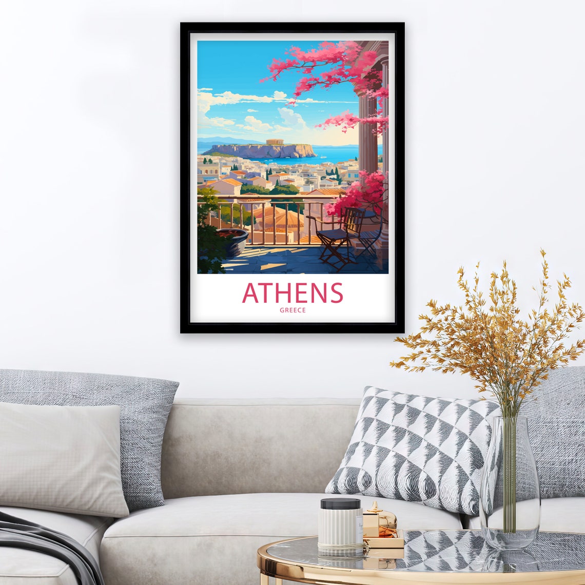 Athens Greece Balcony Acropolis View Pink Blossom Retro Travel Poster - Image 3