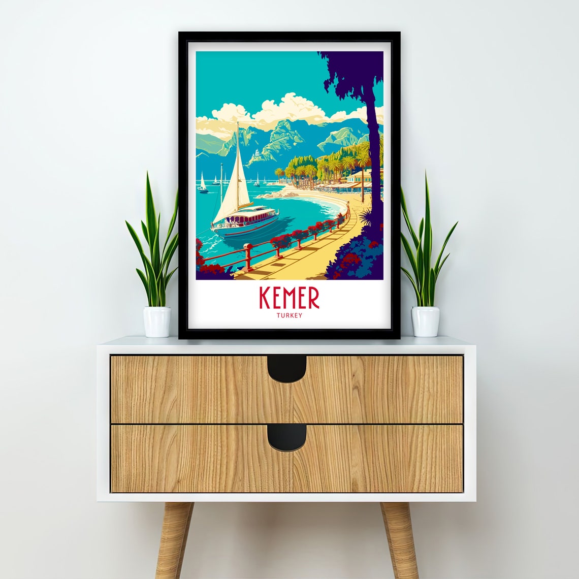 Kemer Turkey Sailing Boat Bay Blue Coast Vintage Travel Poster - Image 2