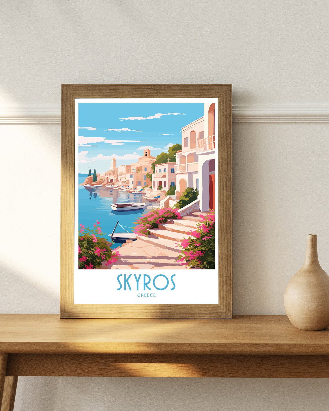 Skyros Greece Colorful Harbor Boats Pastel Waterfront Houses Poster - Image 4