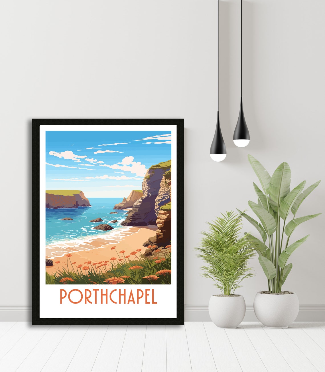 Porthchapel Cornwall Coastal Cliffs Beach Art Illustration Poster - Image 5