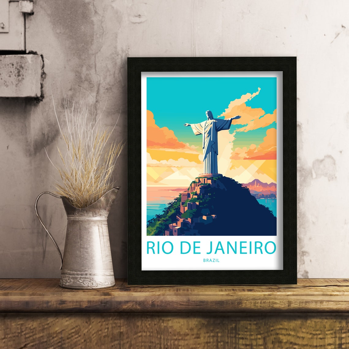 Rio de Janeiro Brazil Christ the Redeemer Sunset Illustrated Poster - Image 6