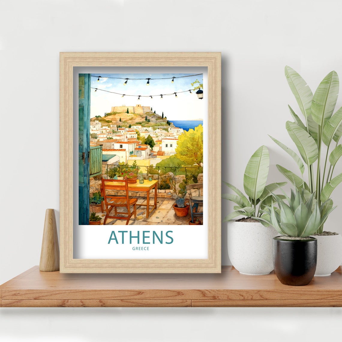Athens Greece Terrace View Acropolis Old Town Watercolor Art Poster - Image 5